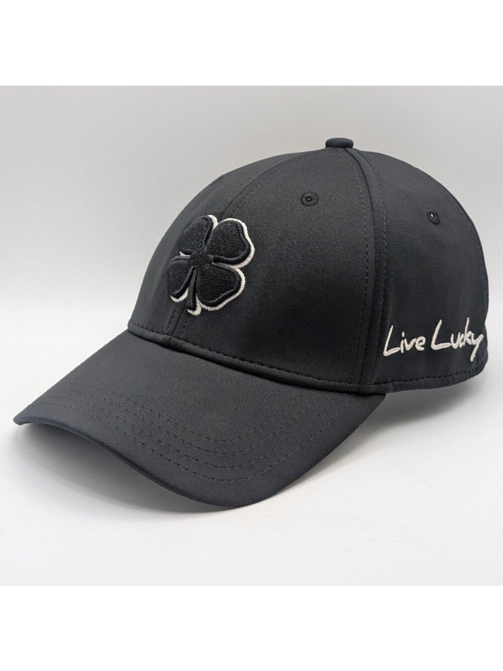 Black Clover Hat Cap Fitted S/M Black Stretch Live Lucky Golf Unisex Four Leaf